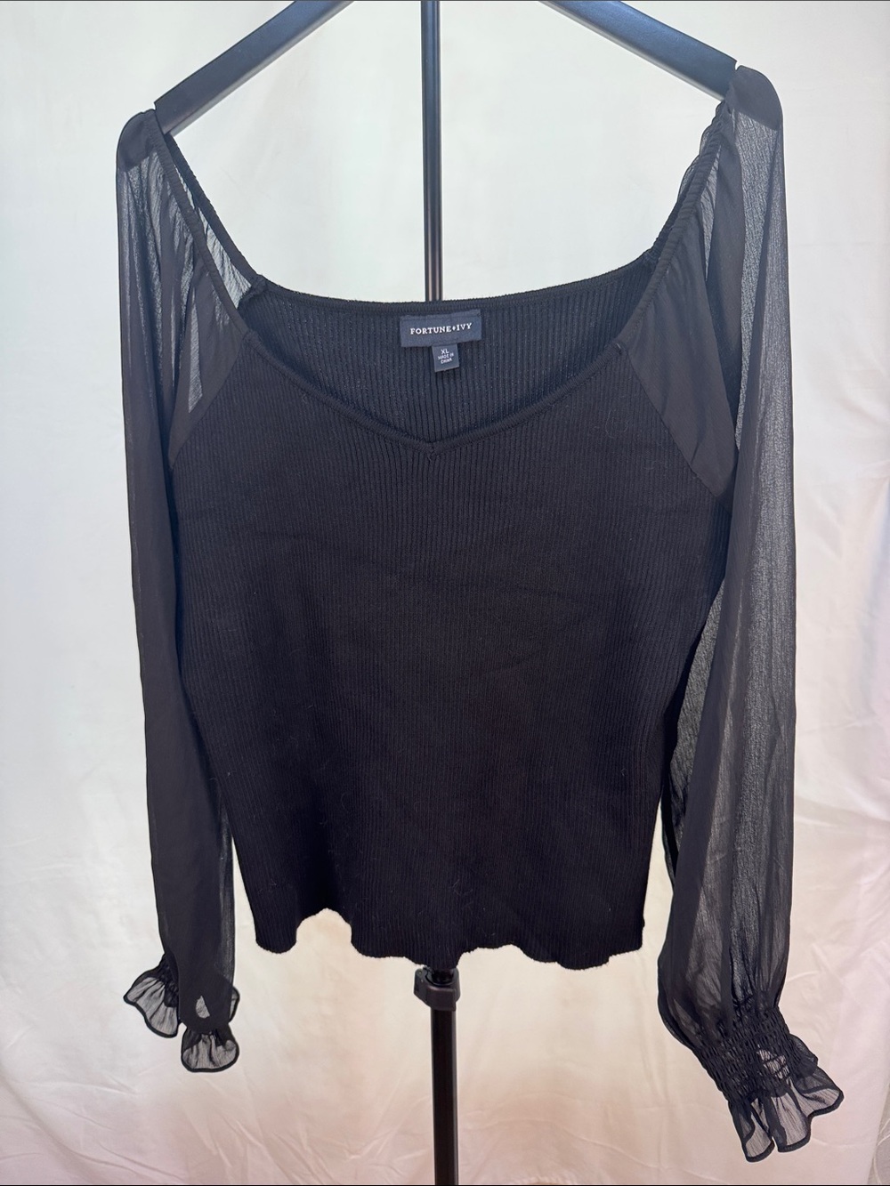 Fortune + Ivy Black V-Neck Ribbed Top with Sheer Long Sleeves